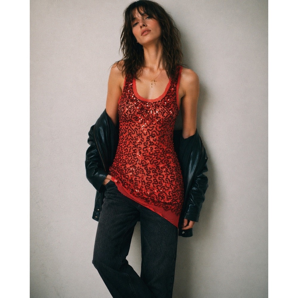 Joyce Leslie Sequin Tank Top Women L Red Y2K Glam Indie Mesh Party Shirt